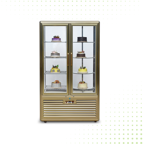 Stainless Steel Standing Desserts Showcase With Rotary Glass Shelves & 2 Glass Door - 124 CM From PIOKIT - Gold