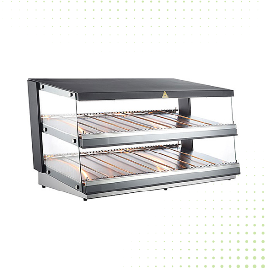 Stainless Steel Heated Glass Showcase With 2 Decks – 85 LT From PIOKIT - Black 
